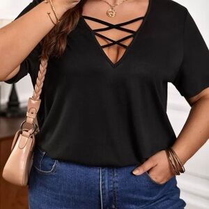 SHEIN Black Short-Sleeve Crisscross V-Neck 1X Top New